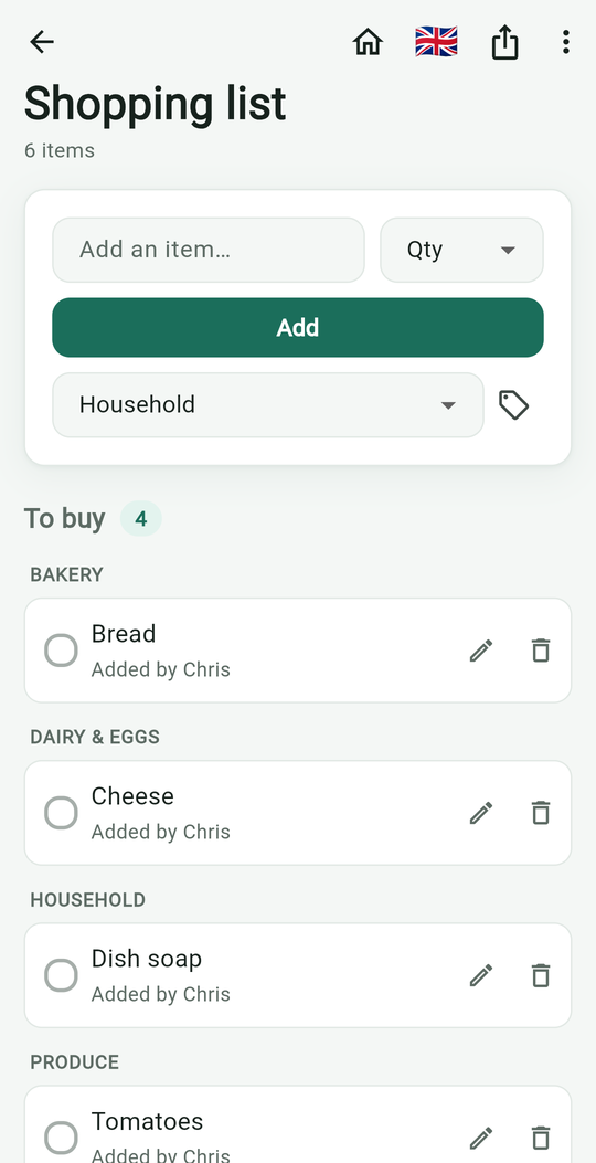 The delelisten app showing a shopping list