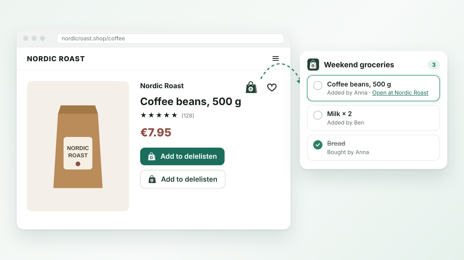 A product page with the "Add to delelisten" button in three looks, and the product on a shared shopping list with a link back to the shop